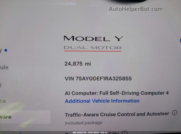 7SAYGDEF1RA325855 2024 TESLA MODEL Y Серый Панорамный вид салона 360°