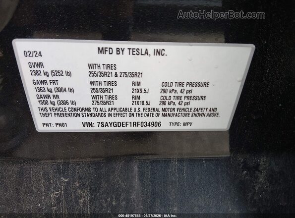 7SAYGDEF1RF034906 2024 TESLA MODEL Y Gray Engine compartment view