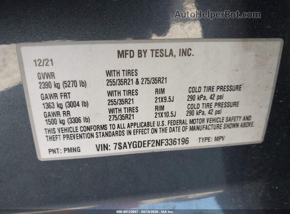 7SAYGDEF2NF336196 2022 TESLA MODEL Y Green Вид підкапотного простору