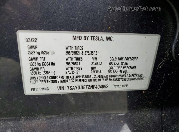7SAYGDEF2NF404092 2022 TESLA MODEL Серый Вид наклейки с VIN-кодом