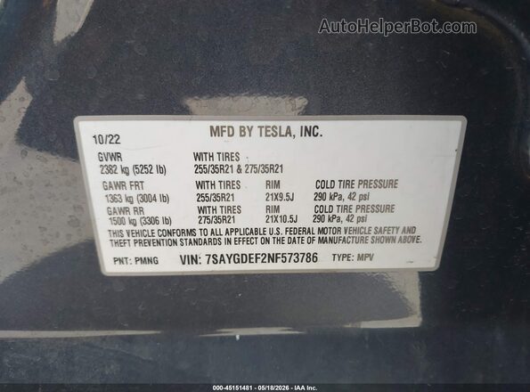 7SAYGDEF2NF573786 2022 TESLA MODEL Y Серый 