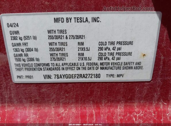 7SAYGDEF2RA272180 2024 TESLA MODEL Y Бордовый Вид подкапотного пространства