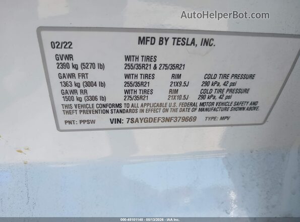 7SAYGDEF3NF379669 2022 TESLA MODEL Y Белый Вид подкапотного пространства