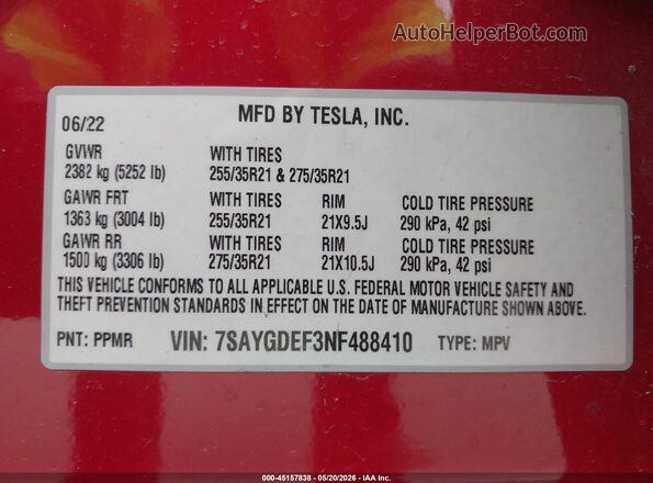 7SAYGDEF3NF488410 2022 TESLA MODEL Y Red ძრავის განყოფილების ხედი