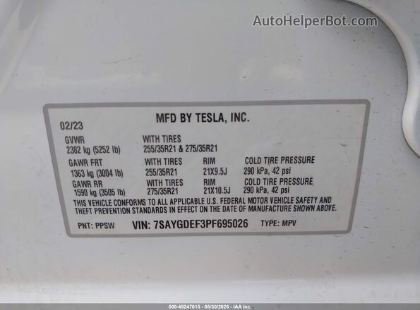 7SAYGDEF3PF695026 2023 TESLA MODEL Y White ძრავის განყოფილების ხედი
