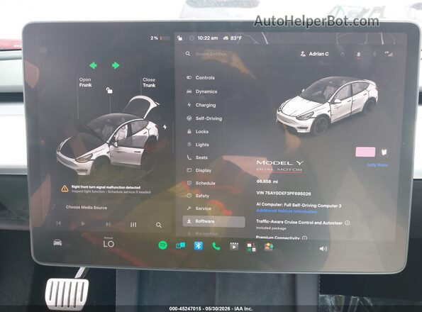 7SAYGDEF3PF695026 2023 TESLA MODEL Y White უკანა სავარძლების ხედი
