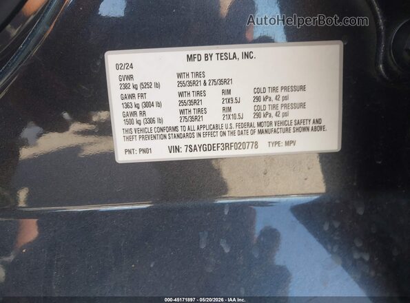 7SAYGDEF3RF020778 2024 TESLA MODEL Y Dark Blue Widok komory silnika