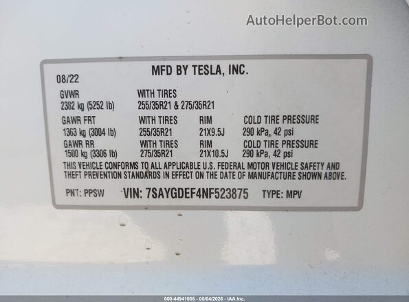 7SAYGDEF4NF523875 2022 TESLA MODEL Y White Engine compartment view