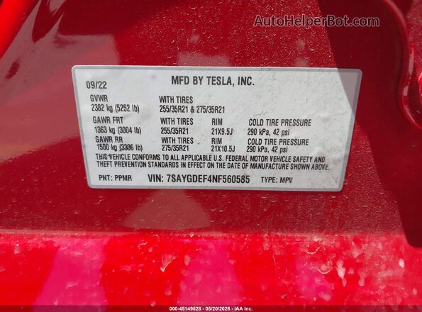 7SAYGDEF4NF560585 2022 TESLA MODEL Y Red 