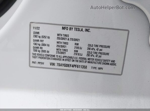 7SAYGDEF4PF611358 2023 TESLA MODEL Y Белый 