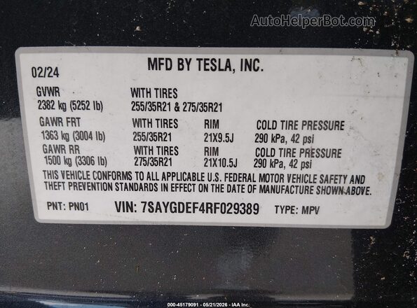 7SAYGDEF4RF029389 2024 TESLA MODEL Y Черный Вид подкапотного пространства