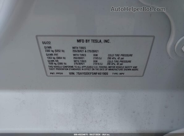 7SAYGDEF5NF461905 2022 TESLA MODEL Y White 