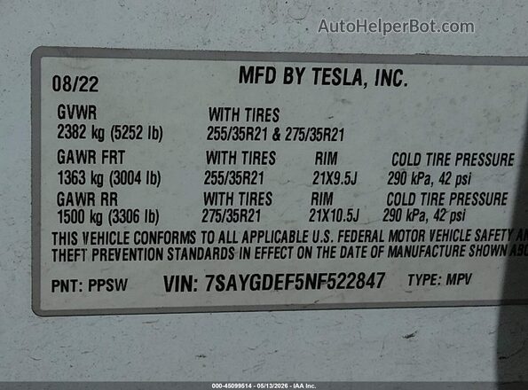 7SAYGDEF5NF522847 2022 TESLA MODEL Y White Engine compartment view