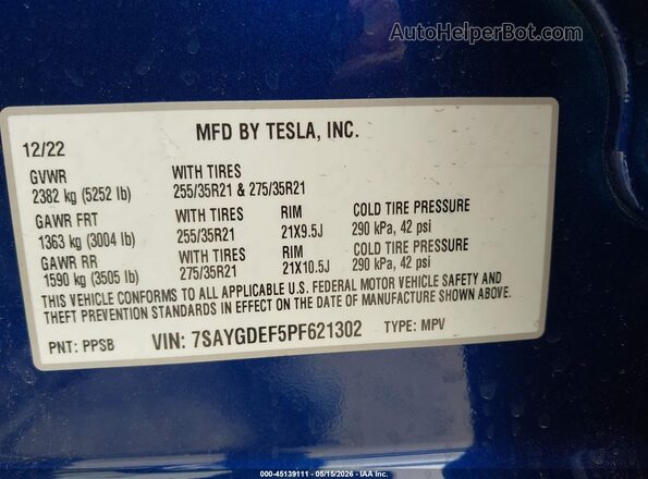 7SAYGDEF5PF621302 2023 TESLA MODEL Y Blue ძრავის განყოფილების ხედი