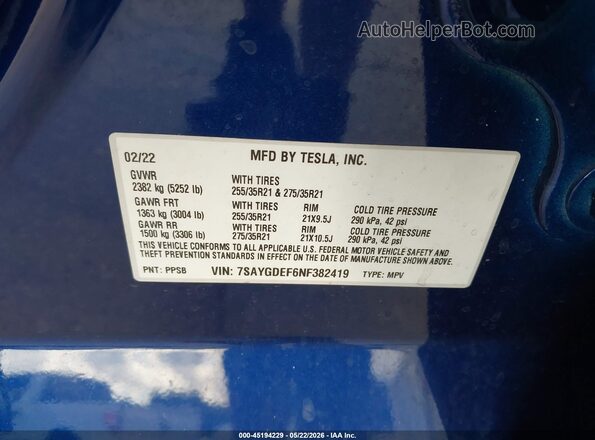 7SAYGDEF6NF382419 2022 TESLA MODEL Y Blue Вид підкапотного простору