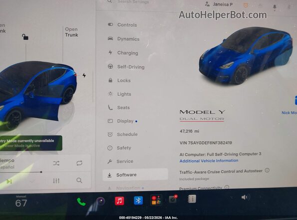 7SAYGDEF6NF382419 2022 TESLA MODEL Y Blue Вид задніх сидінь