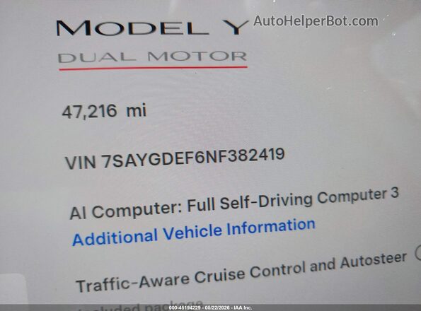 7SAYGDEF6NF382419 2022 TESLA MODEL Y Blue Панорамний вид салону 360°