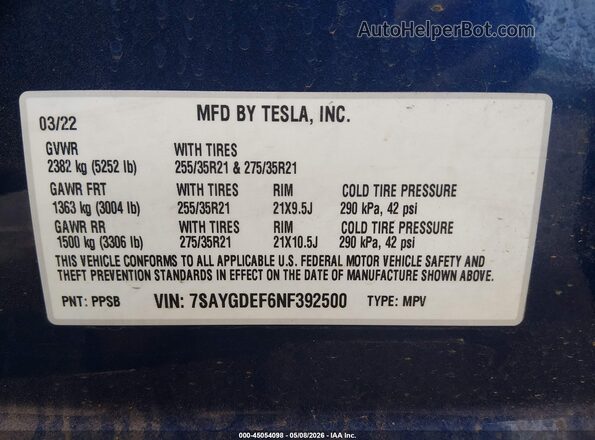 7SAYGDEF6NF392500 2022 TESLA MODEL Y Blue Շարժիչի բաժամունքի տեսք