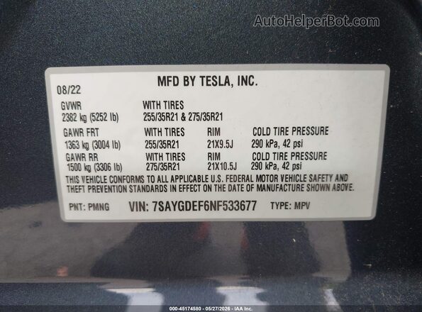 7SAYGDEF6NF533677 2022 TESLA MODEL Y Gray Շարժիչի բաժամունքի տեսք