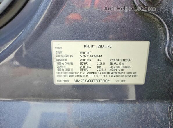 7SAYGDEF6PF620921 2023 TESLA MODEL Gray VIN կոդի պիտակի տեսք
