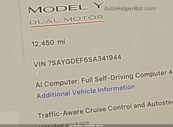 7SAYGDEF6SA341944 2025 TESLA MODEL Y Серый 