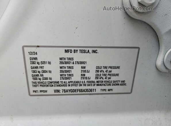 7SAYGDEF6SA353611 2025 TESLA MODEL White VIN կոդի պիտակի տեսք