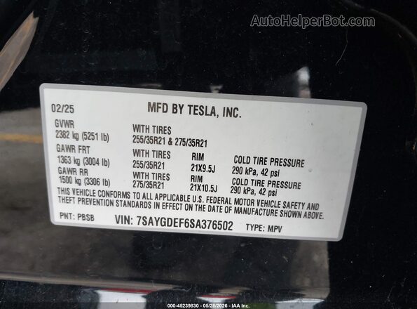 7SAYGDEF6SA376502 2025 TESLA MODEL Y Black 