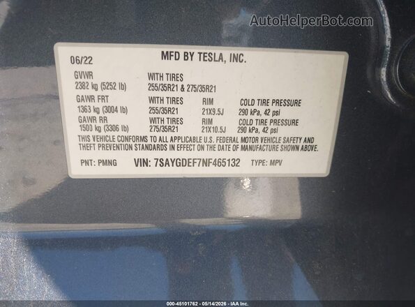 7SAYGDEF7NF465132 2022 TESLA MODEL Y Серый Вид подкапотного пространства