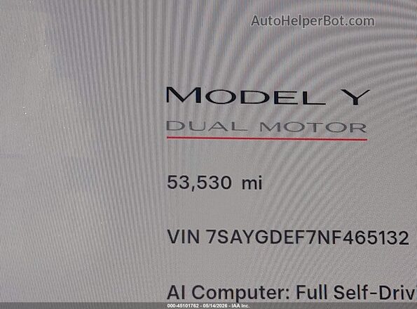 7SAYGDEF7NF465132 2022 TESLA MODEL Y Серый Панорамный вид салона 360°
