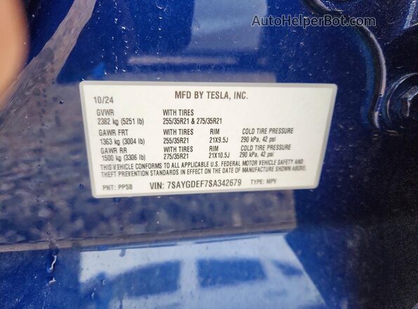 7SAYGDEF7SA342679 2025 TESLA MODEL Blue Widok komory silnika