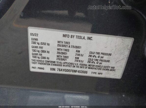 7SAYGDEF8NF453586 2022 TESLA MODEL Y Серый Вид подкапотного пространства