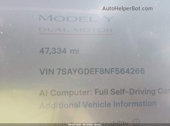 7SAYGDEF8NF564266 2022 TESLA MODEL Y Серый 