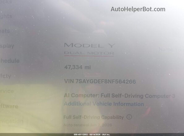 7SAYGDEF8NF564266 2022 TESLA MODEL Y Серый Вид задних сидений