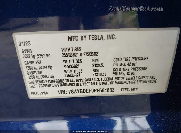 7SAYGDEF9PF664833 2023 TESLA MODEL Y Dark Blue Вид підкапотного простору