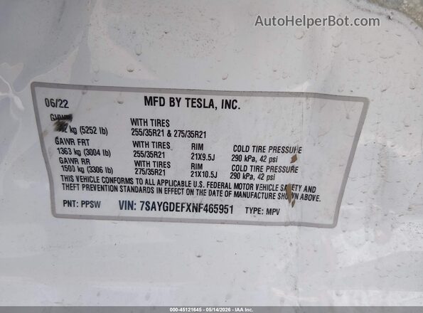 7SAYGDEFXNF465951 2022 TESLA MODEL Y Белый Вид подкапотного пространства
