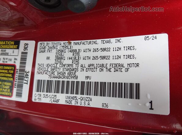 7SVAAABA3RX039950 2024 TOYOTA SEQUOIA Red Շարժիչի բաժամունքի տեսք