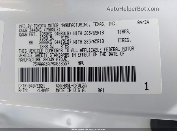 7SVAAABA7RX038557 2024 TOYOTA SEQUOIA White Engine compartment view