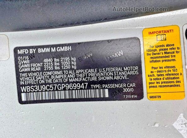 WBS3U9C57GP969947 2016 BMW M4 White Rear interior view