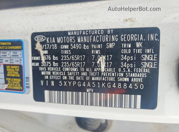 5XYPG4A51KG488450 2019 KIA SORENTO White 