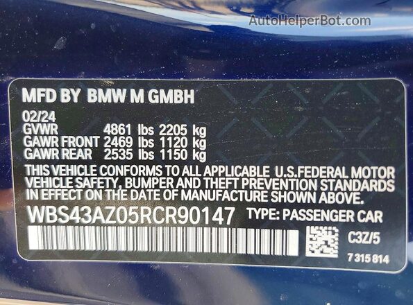 WBS43AZ05RCR90147 2024 BMW M4 Blue 