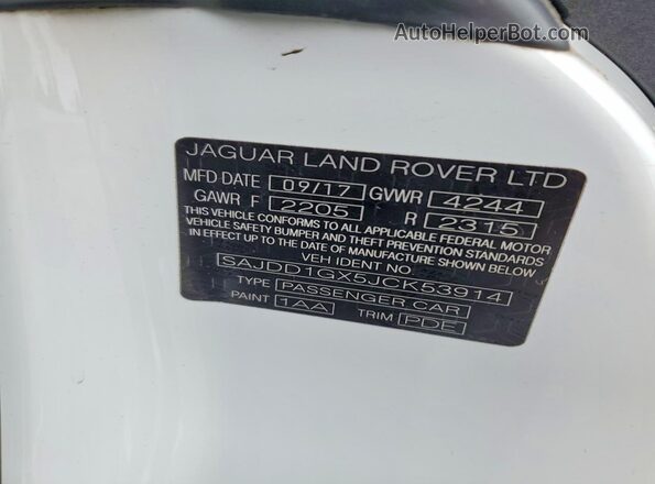 SAJDD1GX5JCK53914 2018 JAGUAR F-TYPE Белый Вид наклейки с VIN-кодом