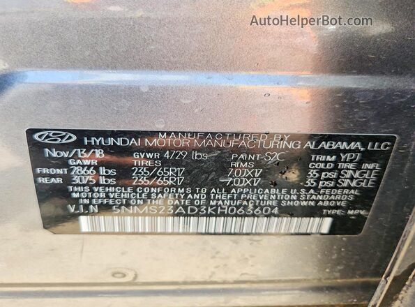 5NMS23AD3KH063604 2019 HYUNDAI SANTA FE Gray 