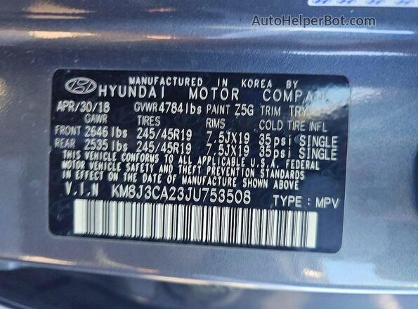 KM8J3CA23JU753508 2018 HYUNDAI TUCSON Gray 