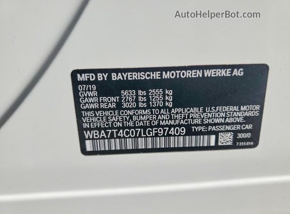WBA7T4C07LGF97409 2020 BMW 7 SERIES White Widok naklejki z numerem VIN