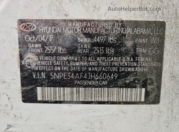 5NPE34AF4JH660649 2018 HYUNDAI SONATA Белый Вид наклейки с VIN-кодом