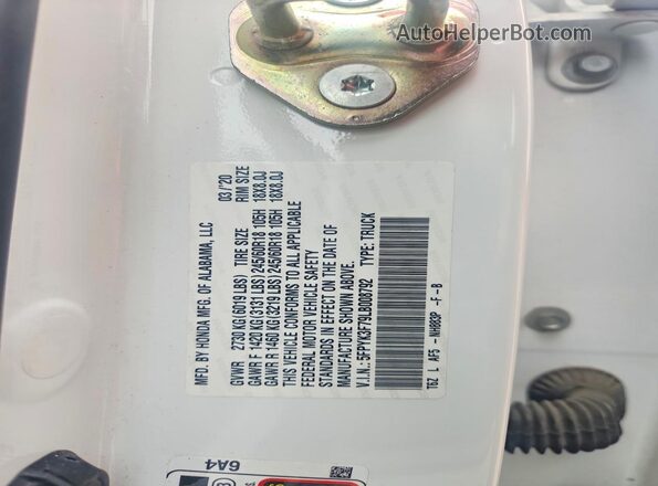 5FPYK3F79LB008792 2020 HONDA RIDGELINE White Вид наклейки з VIN-кодом