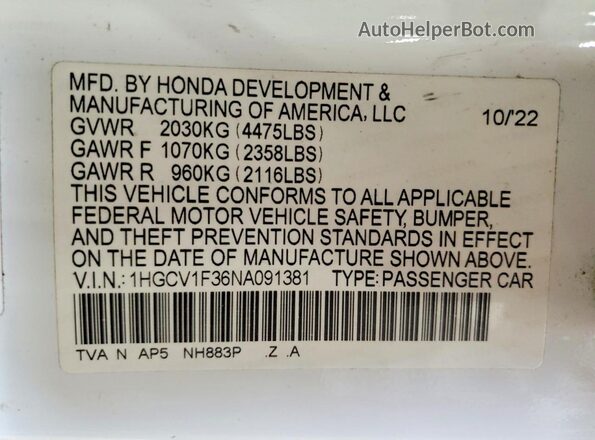 1HGCV1F36NA091381 2022 HONDA ACCORD White ძრავის განყოფილების ხედი
