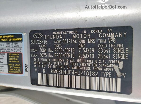 KM8SR4HF4HU218182 2017 HYUNDAI SANTA Silver 