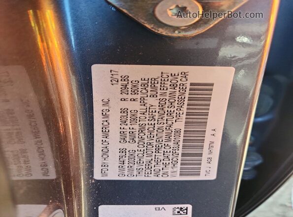 1HGCV2F53JA010080 2018 HONDA ACCORD Gray VIN կոդի պիտակի տեսք