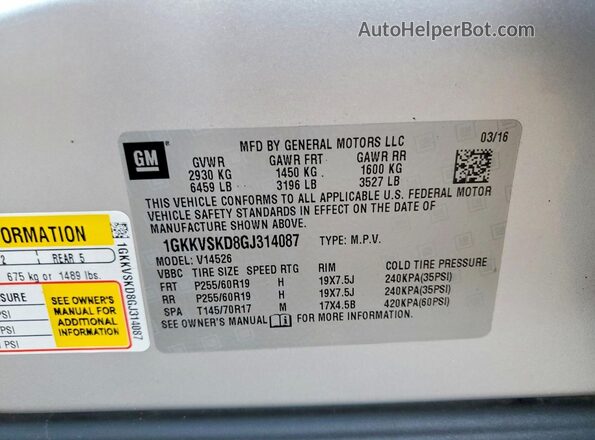 1GKKVSKD8GJ314087 2016 GMC ACADIA Silver 
